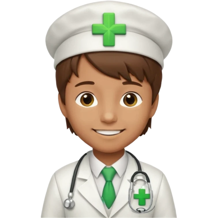 a doctor in white suit with a doctor hat with green cross brown hair boy emoji
