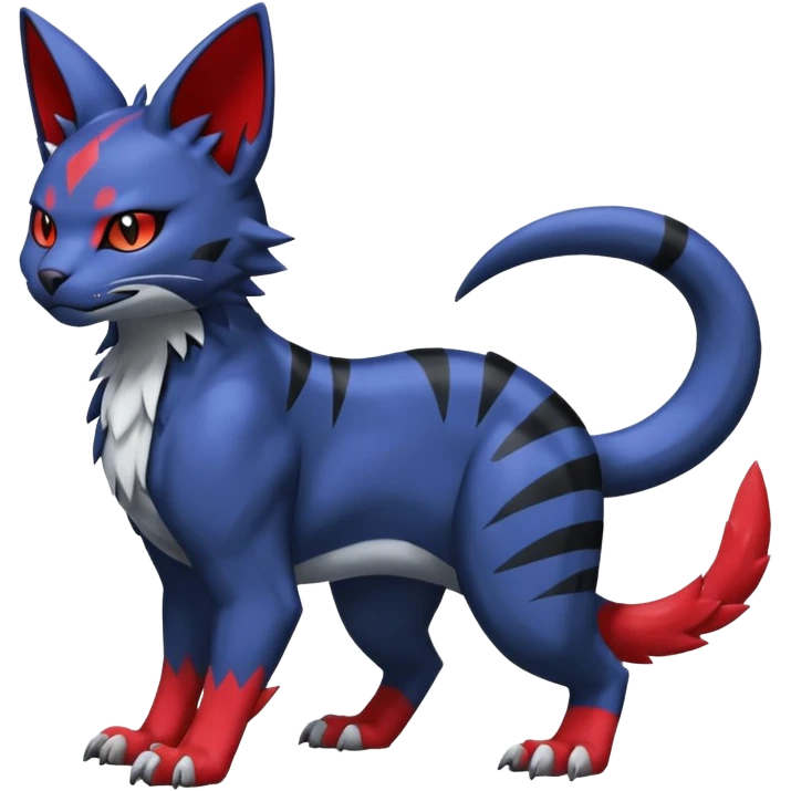 midnight blue-gray-black, with red markings, white belly, scaley scaly batty feline-like quadrupedal digitigrade furry feral Bastet-Noibat-Gatomon-Garchomp-Digimon-Fakémon-Pokémon-creature (full body) emoji