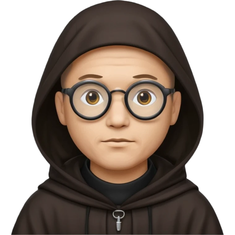 Monk priest prayer black habit with hood round black glasses done light brown wavy hair under hood  emoji
