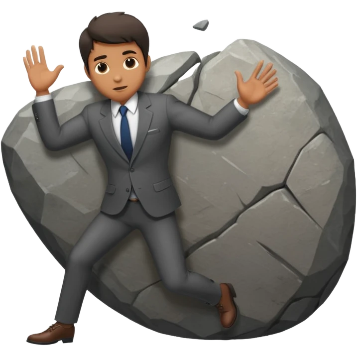 a man in a suit  pushing a huge rock emoji