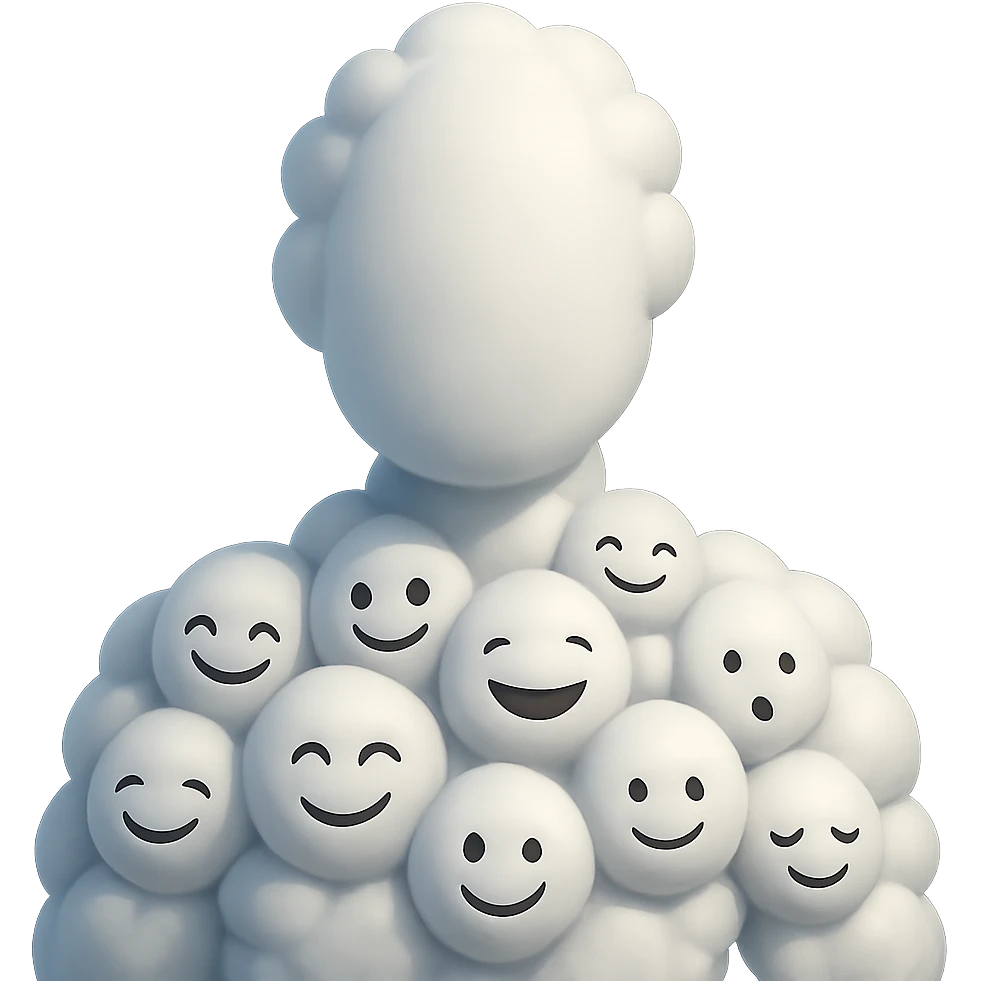 faceless human figure composed entirely of 3D emoji clouds, volumetric, white, soft clouds, shoulder-up view, front-facing, realistic lighting and shadows, 3D emoji style emoji