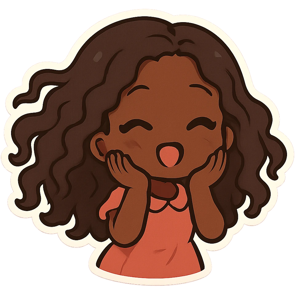 chibi anime style, Black girl with long curly hair, hair waving, hands on cheeks, pink background emoji