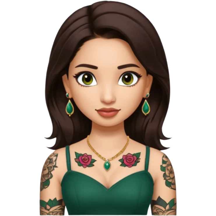 pretty bratz genmoji that looks like tamannah bhatia (bollywood actress), wearing a dark green sweetheart neckline top, dark brown hair, light makeup, no necklace, dangly earrings, side hair part, dark brown eyes, with full tattoos and neck tattoo big emoji