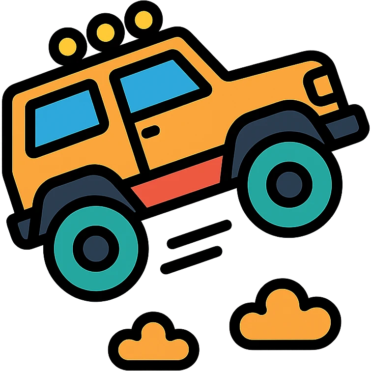 off-road vehicle jumping, action-packed, icon style emoji