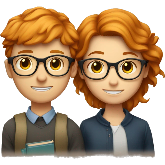 a ginger girl and a BRUNETTE boy, both with glasses. they have books in front of them, learn emoji