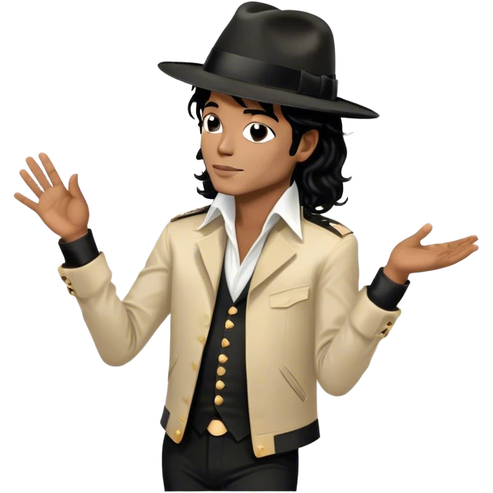 Icon for R&B Music: Michael Jackson in his iconic pose at the end of a song, head tilted, holding his black fedora with one hand. He stands in profile, embodying the smooth and soulful energy of R&B. Musical notes surround him. Transparent background. emoji