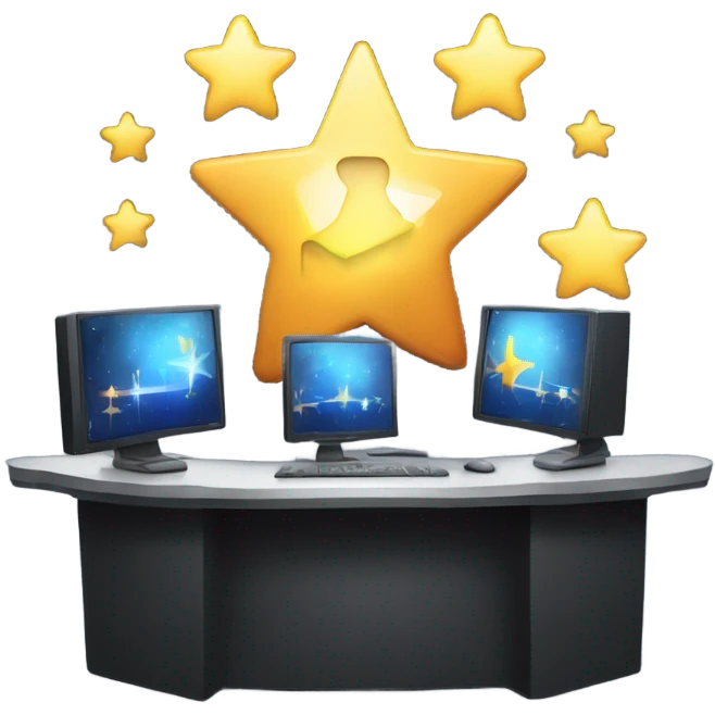 A news anchor desk icon with three glowing stars above it, styled with a sleek, modern design and glowing accents. emoji