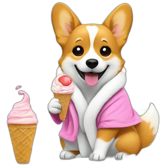 A blonde corgi in a bathrobe holds an ice cream by the pool emoji