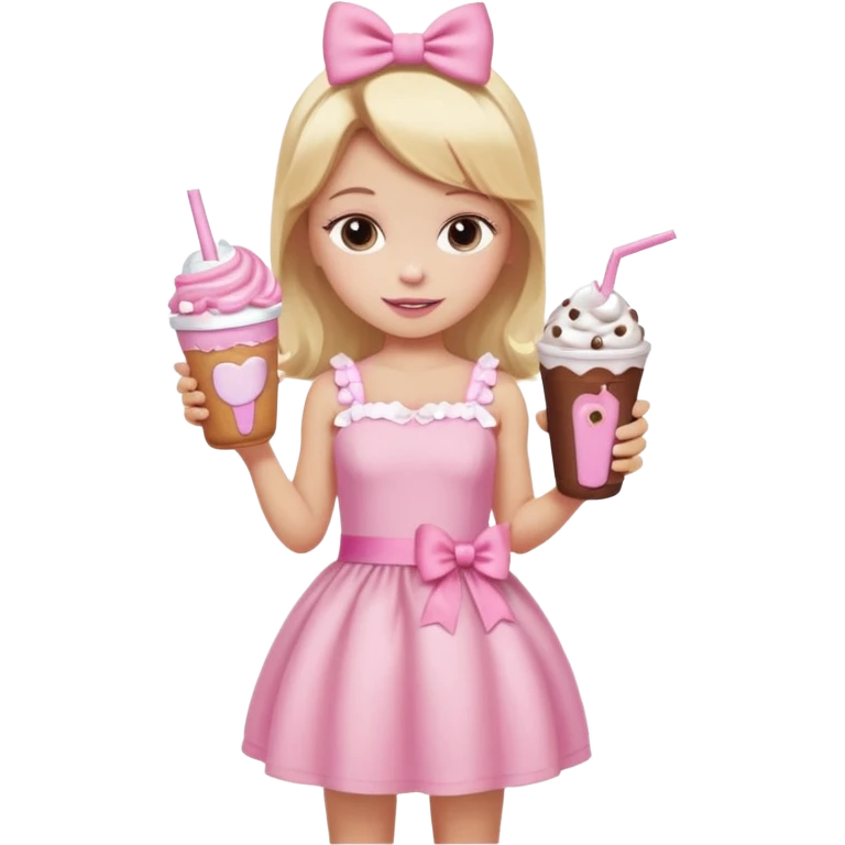 A little girl with a Dunkin' milkshake and a donut with pink frosting and marshmallows, wearing a pink coquette-style dress with bows and blonde hair. emoji