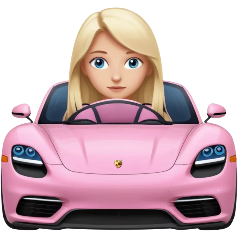 pink Porsche taycan with blonde girl, long hair, blue eyes, sitting in the car, front view point of view, no sunglasses emoji