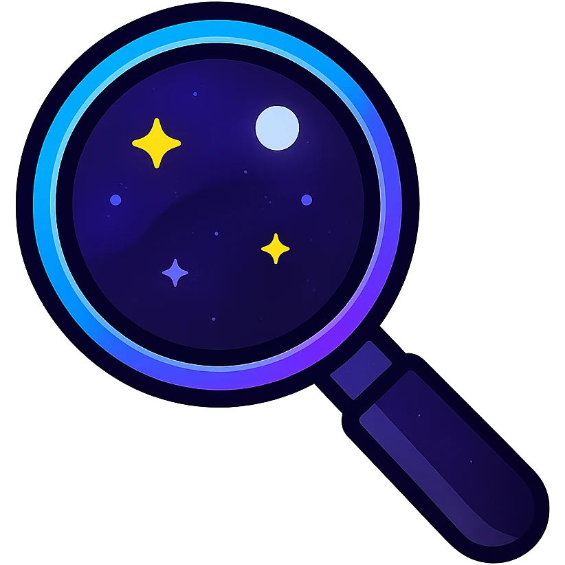 search icon, modern clean magnifying glass with neon border and glowing effect, dark purples blues blacks base, nebula gradients, small bright stars, specular highlights, luminous look emoji