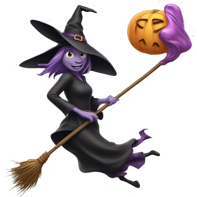 witch, flying to the left on a broom, throwing candy. emoji