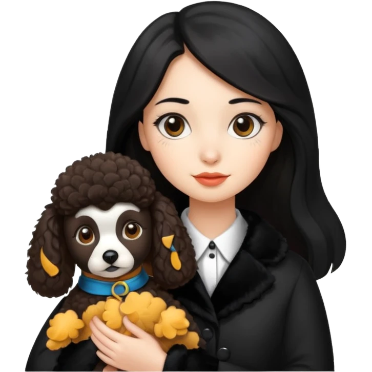 A girl who has long hair and looks like a penguin holds a brown poodle emoji