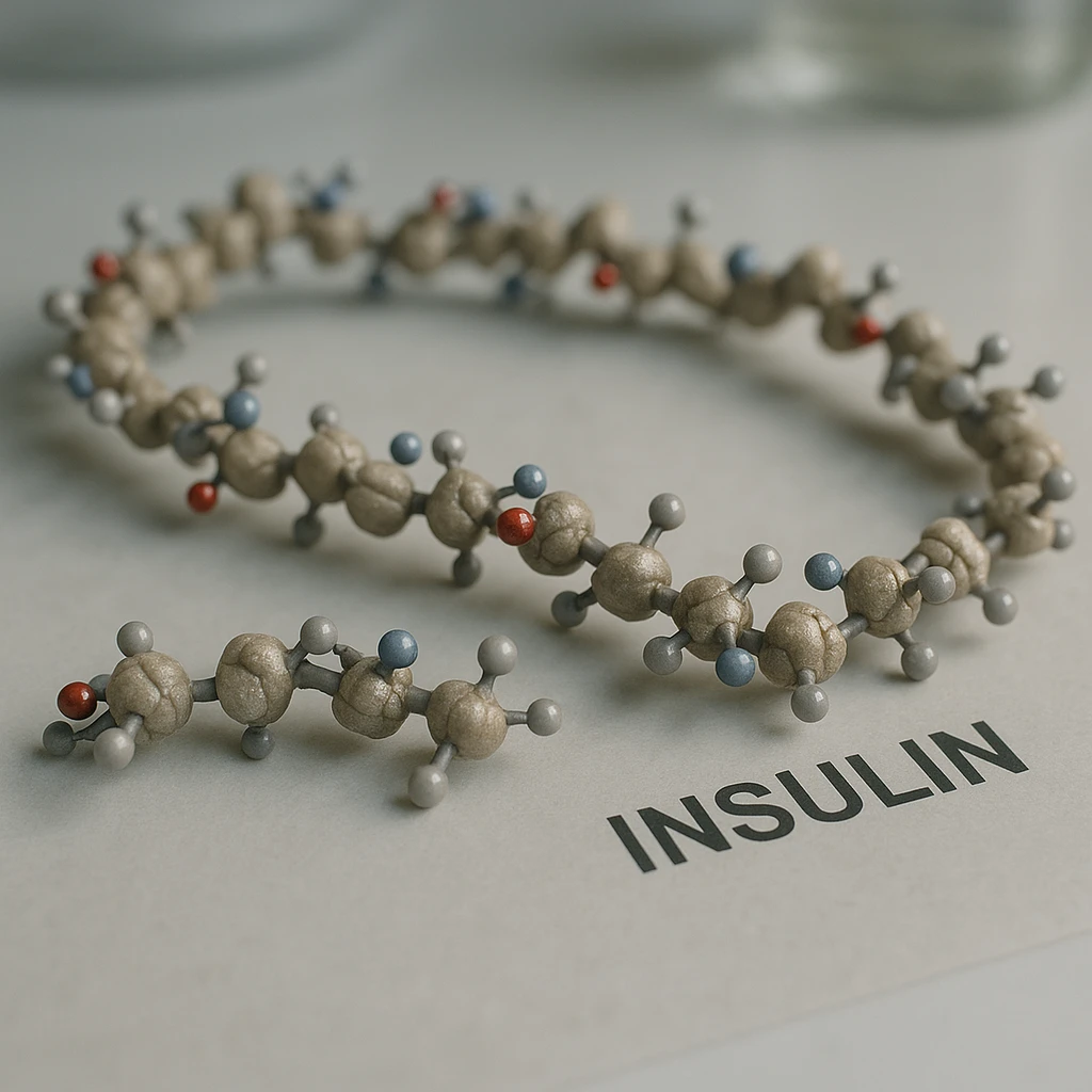 insulin as an amino acid chain, hyper realistic 4K style, structural details, natural colors, clinical atmosphere emoji