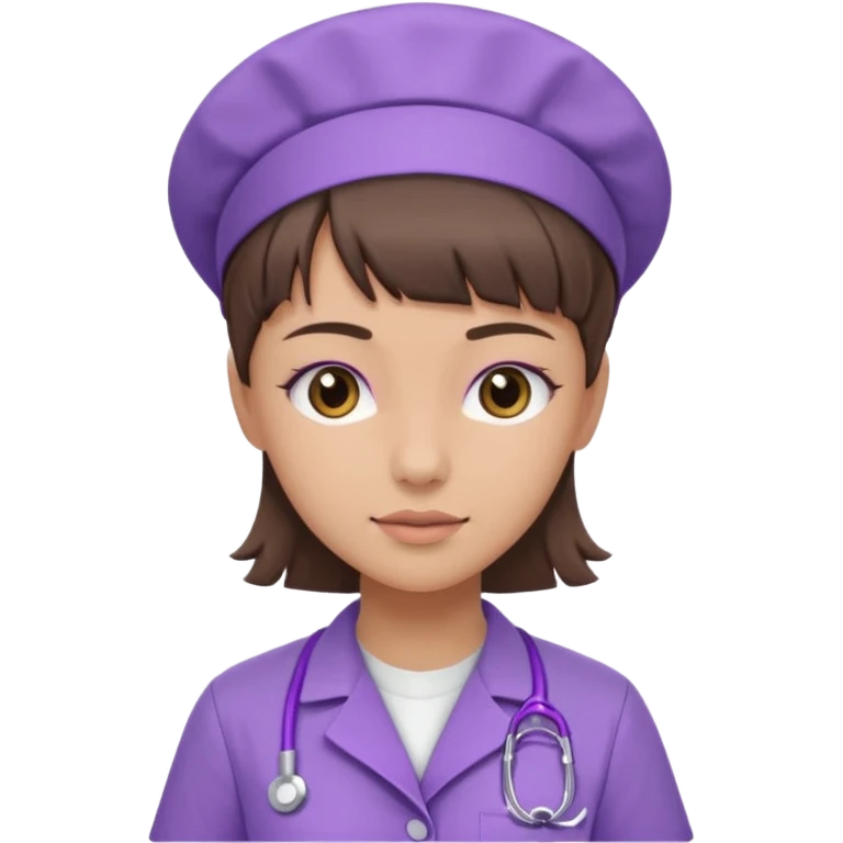 A young female slim nurse with short Brown hair with fringe over her forehead, wearing larvendar purple working cloth emoji