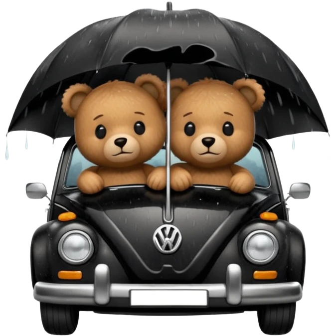 Two teddy bears sleeping in black Volkswagen in the rain emoji