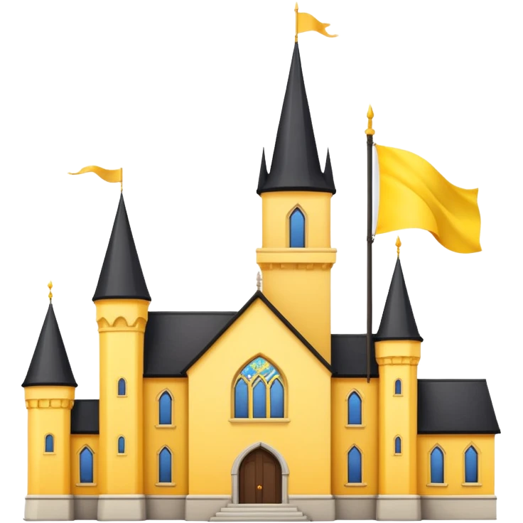 white background, magic school, black roof, with a big flag, big flag on a roof, big yellow flag, white school emoji