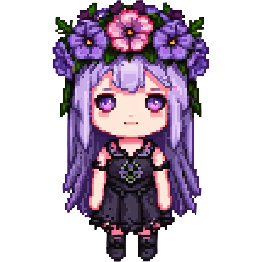 gothic flower crown, mix of black, pink, and purple flowers, cute and chibi, small size, simple details emoji