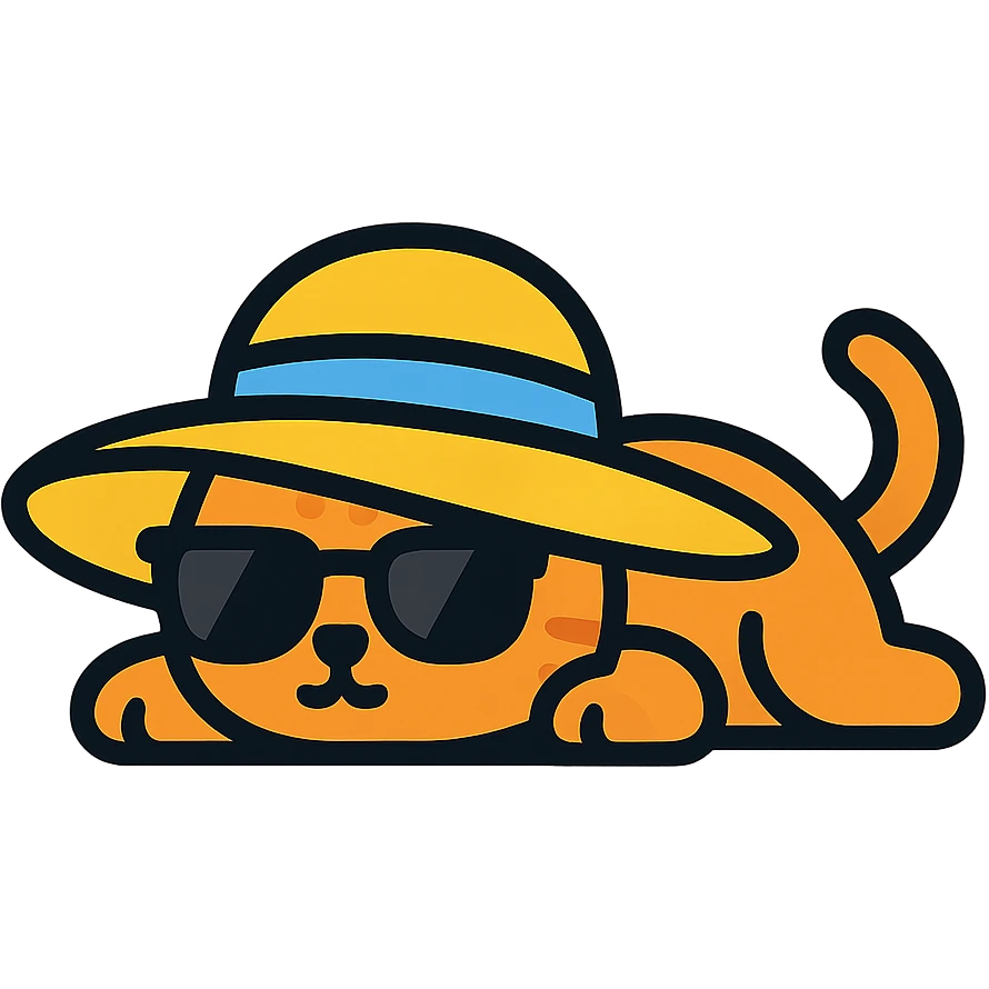 a cat in a summer panama hat with large brim, wearing sunglasses, lying on its stomach with its head resting on the ground emoji
