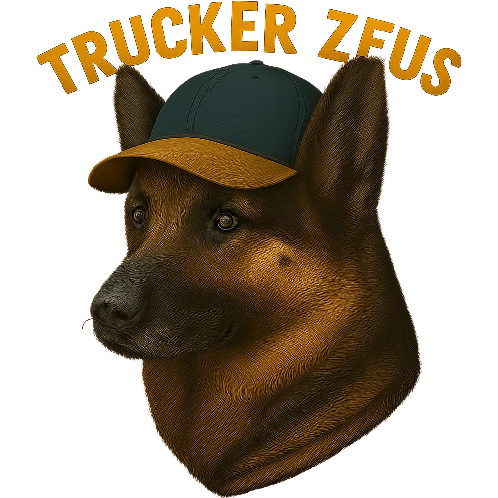 Make the background fully transparent while keeping the realistic German Shepherd and the yellow 'Trucker Zeus' text intact. Maintain maximum compression for the image. emoji