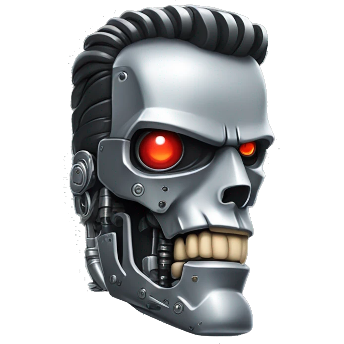 Emoji of a Terminator T-800, looking straight, 2d animation, red eyes, made of metal,  emoji