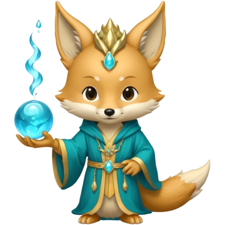 Chibi teal fox with gold mark on forehead, teal-gold robe, holding glowing blue water orbs, with dragon tail on its backside with small antler horns on its head emoji