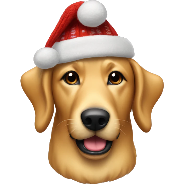 Large Golden dog with skinny snout and black mouth in a Christmas Sweater and hat emoji
