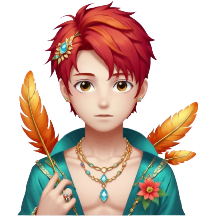 Beautiful gorgeous anime boy with beautiful fiery-special-hair, fashion aesthetic, ethereal, fairycore, pastelcore, feather, flower, gems, accessories, jewelries, gold, colorful emoji