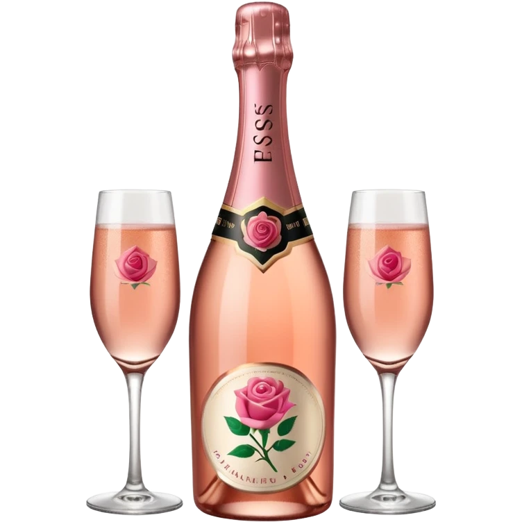 bottle of sparkling rose champagne tilted up and to the right, with a rose logo, no glass emoji