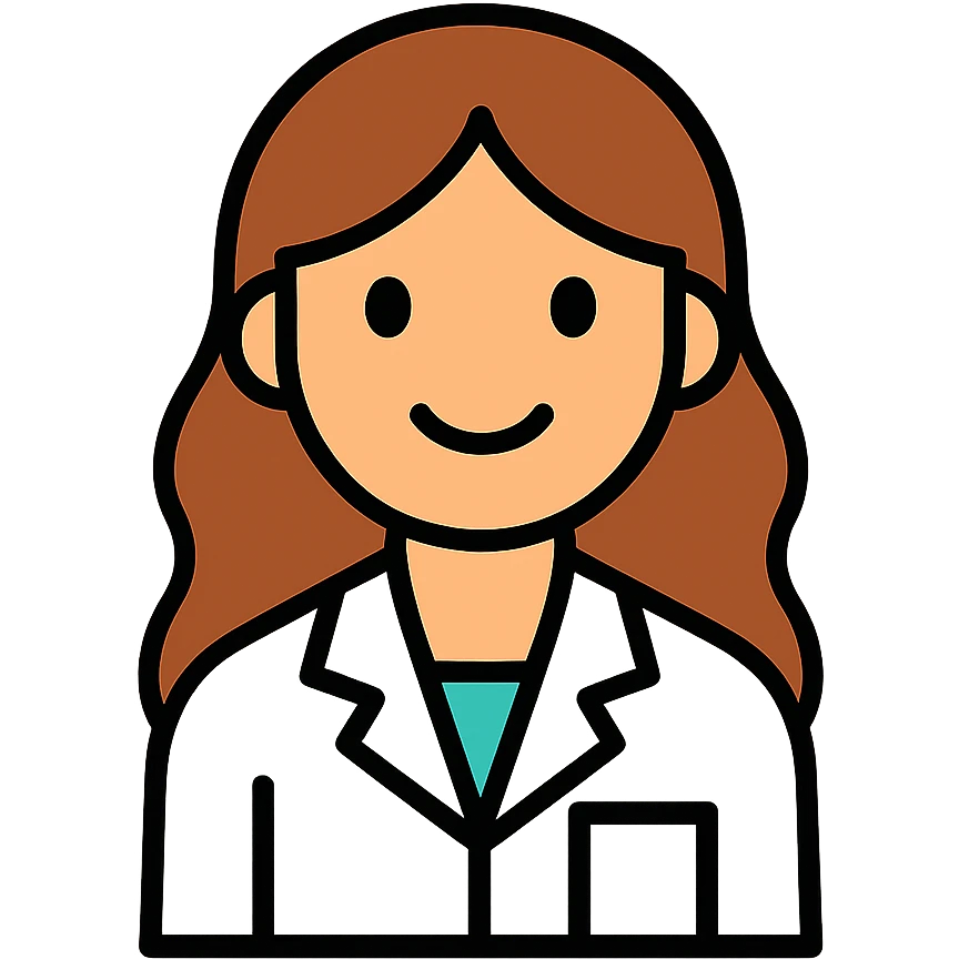young woman, brown long wavy hair, medical white clothes, friendly, front view, smiling emoji