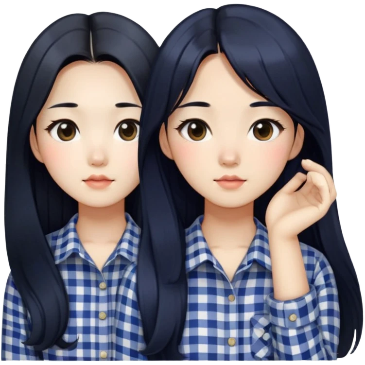beautician, pretty korean girl with black long hair wearing navy check shirts, long face emoji