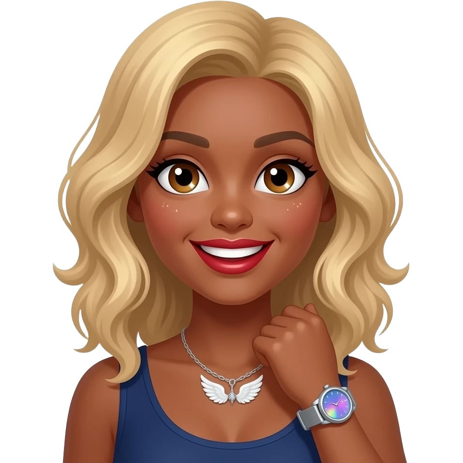 emojis.com slightly-wavy-blonde-hair-+-big-light-brown-eyes-with-spark-+-happy-teeth-smile-+--bronze-color-angel-wing-necklace-+-armwatch-with-blue&pink-hologram-dial-and-silver-band-+-red-lipstick-+-dark blue-blaze (2) emoji