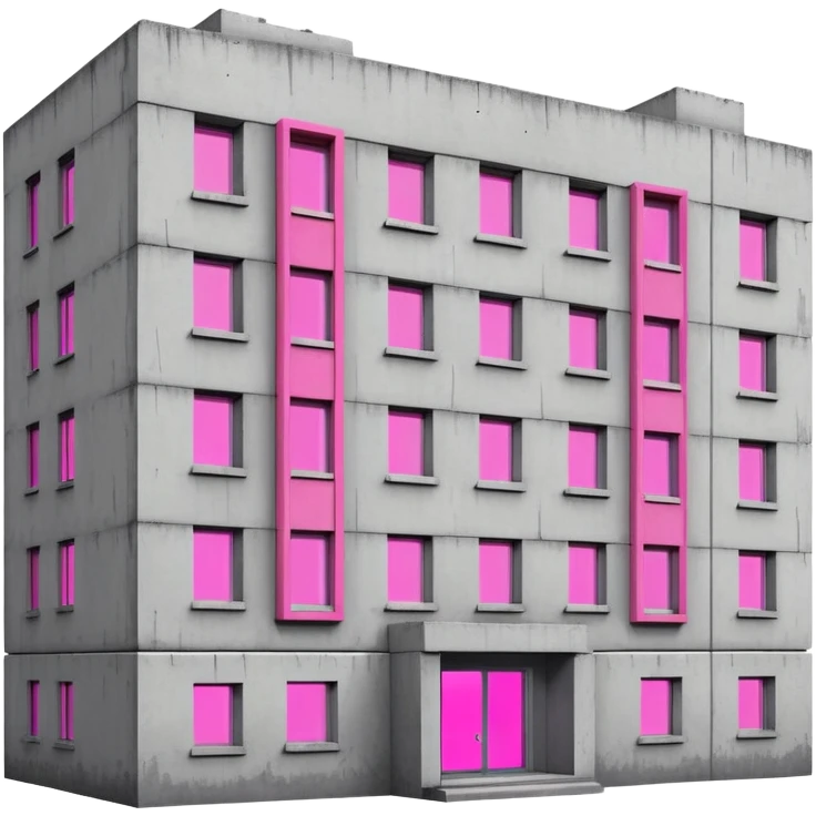 Soviet-era concrete rectangular apartment block with a single window emitting bright pink UV light, stark gray facades with slight disrepair emoji