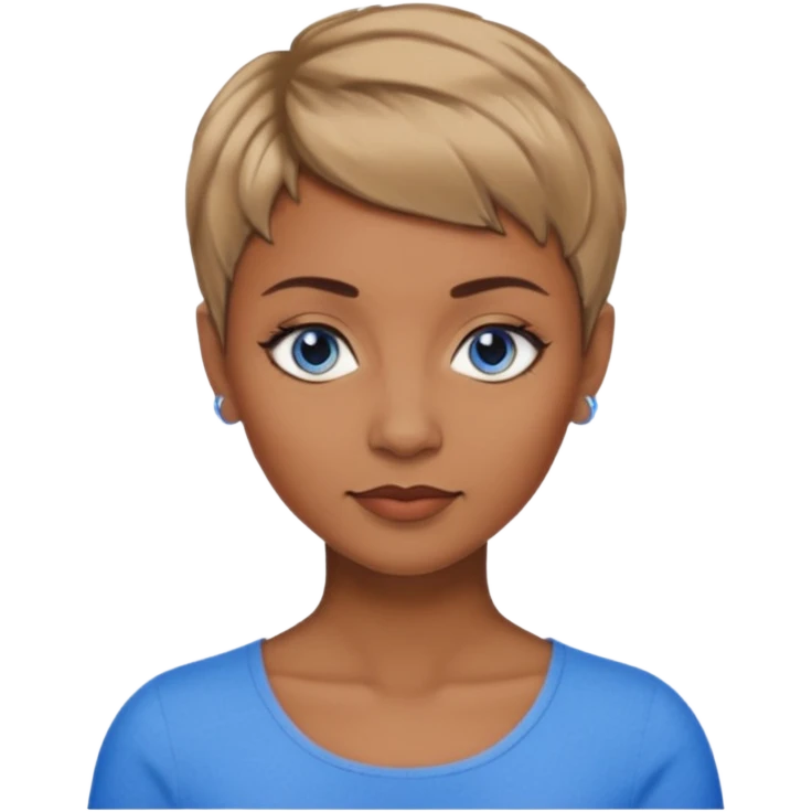 Frau, braun mit dunkelblonden spitzen, kurzhaarfrisur Pixie schnitt, blaue Augen, mittleres alter emoji