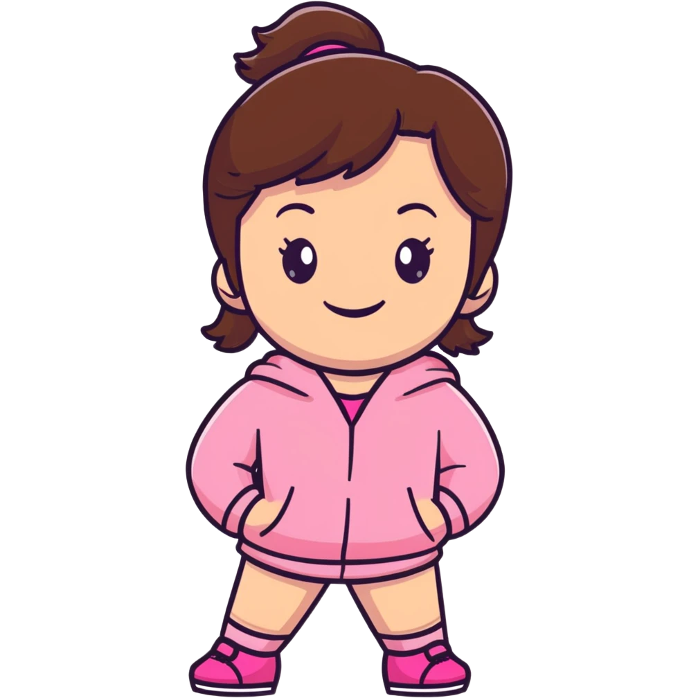 The coolest brunette 1st grader girl who is gorgeous and happy and wearing pink  emoji