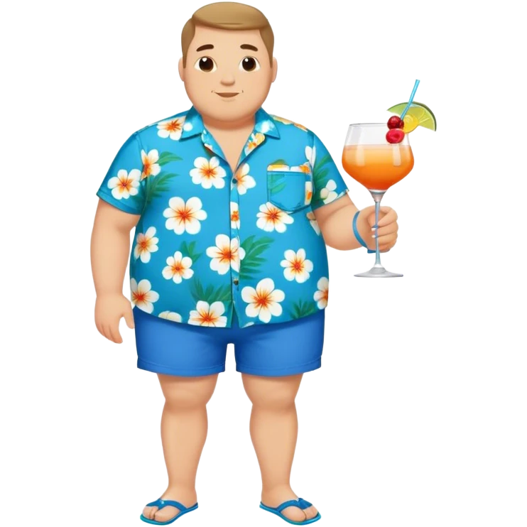 chubby guy full figure in a flowered azure havai shirt, brown shorts and flippers holding a cocktail emoji
