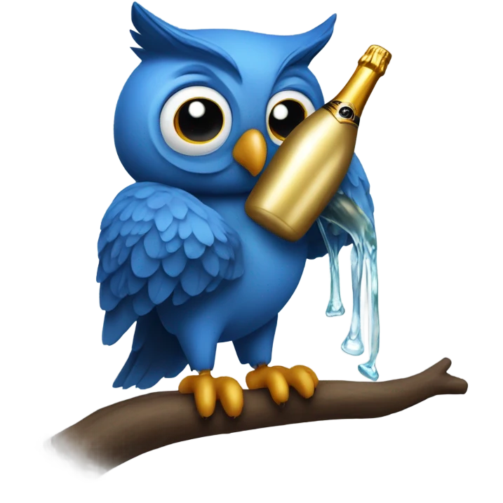Blue owl holding a popped bottle of champagne  emoji