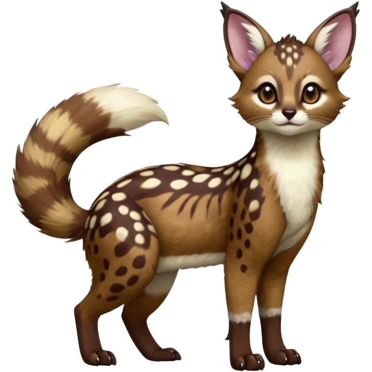 Colorful dark realistic chocolate-brown tropical beige fur glorious divine exotic cute cool beautiful shiny beautiful fantasy-Furret-Eevee-caracal-civet-genet-sergal-vernid-Cacomistle-oncilla-animal-Fakémon-hybrid-fursona with white deer-spots pattern markings (full body) emoji