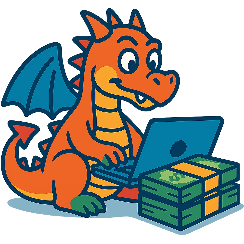 A dragon with a laptop and a stack of money emoji