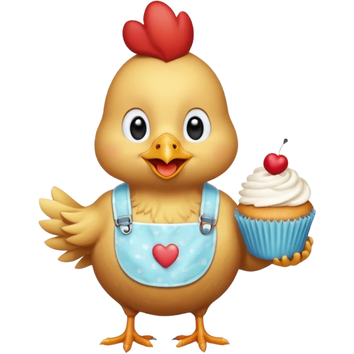 A chicken who has a let’s eat bib holding a cupcake emoji