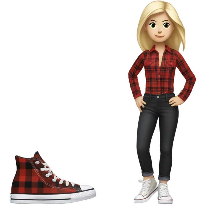Blonde girl in white platform converse and black pants with red plaid shirt emoji