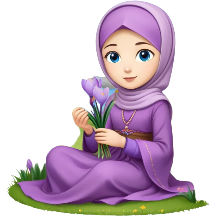 Turkish beautiful finish Konya girl blue eyes with crocus flower hijab long tail dress and sits on the grass on the ground and hold crocus flower on hand  emoji