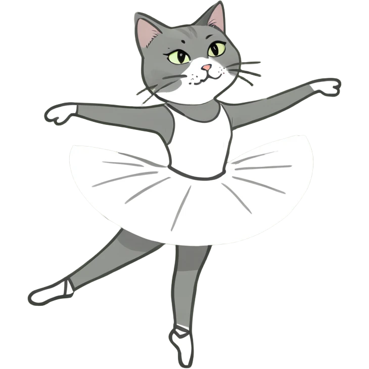 Grey and white cat doing ballet emoji