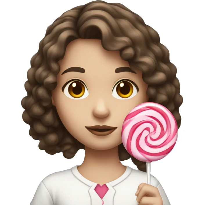 White pale young girl with fluffy brunette hair and brown eyes holding a lollipop  emoji
