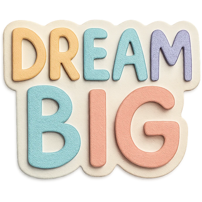 Soft pastel rainbow gradient "Dream Big" in cute hand-drawn font, minimal clean outline, printable sticker, transparent background emoji