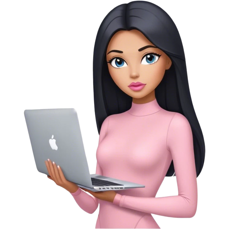 Glamours, tanned, very beautiful girl, with big pump peach-beige-rose lips, black straight smooth silky long hair, straight parting, blue-grey eyes, in light-pink bodysuit holding MacBook emoji