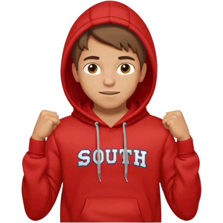 make me an emoji of an americain 19 yearold boy in a red hoodie that says "south" on it and give him with tan skin with his hands in his hands in his pocket wth a small smile flexing his muscles emoji