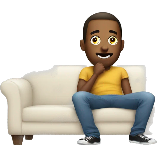 men mewing while he is sitting on couch emoji