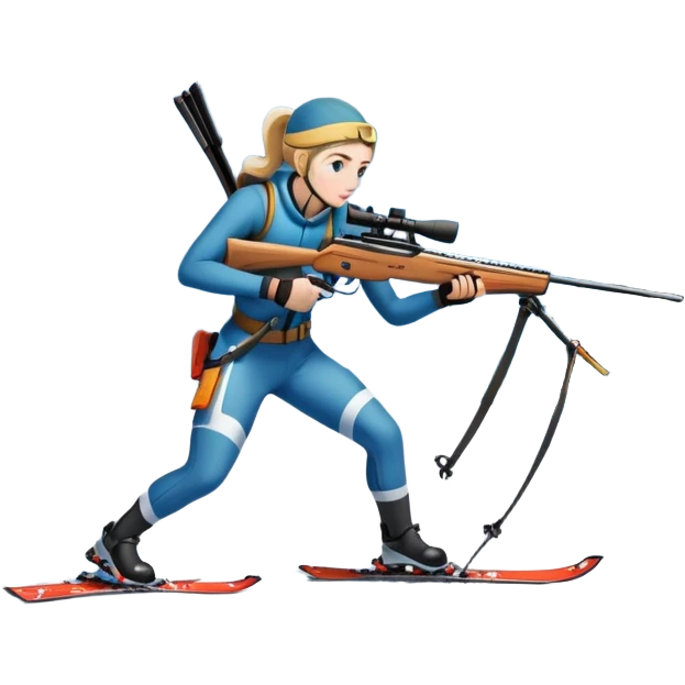 An icon showing a snowy landscape with pine trees, mountains, and a clear sky with a biathlete aiming a rifle in the foreground, wearing winter gear and skis. Transparent background emphasizes the precision, endurance, and beauty of this winter sport. emoji