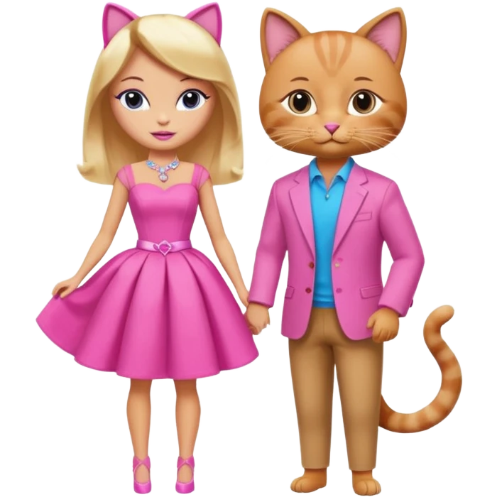 two cats together, one dressed as Barbie in pink, one as Ken in trendy clothes emoji